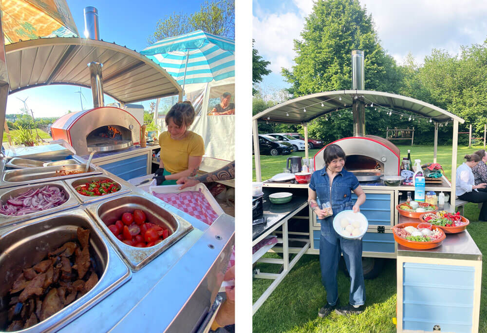 sfeerfotos van de mobiele pizza oven in actie